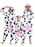 POOKPARA Cow Onesie for Adults Polar Fleece - Halloween Christmas Animal Costume with Hood & Tail,Family Matching Couple One Piece Pajamas, Cozy Sleepwear Jumpsuit for Women/Men/Winter Medium