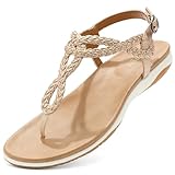 UBFEN Womens Flat Sandals Dress Braided T-Strap Thong Sandals with Arch Support Comfortable for Walking A-Gold Color Size US 7