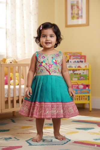 Image of South Indian Traditional Pattu Pavadai Jacquard Frock Dress for Baby Girls