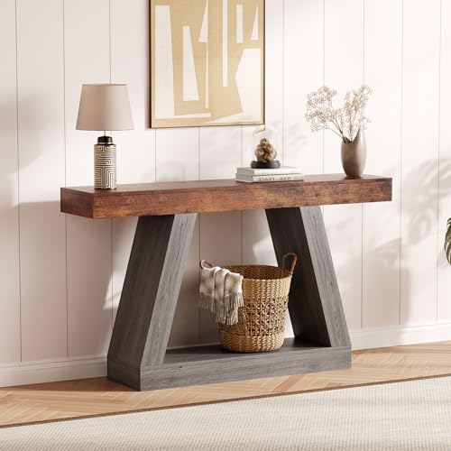 MegaChoice Farmhouse Console Table, 2-Tier Trapezium Sofa Table with Open Storage Shelf, 55 Inch Industrial Wooden Entryway Table for Entrance, Hallwa