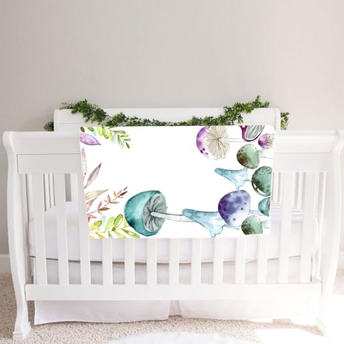 Image of Mushroom Theme Baby Monthly Milestone Blanket, Soft Flannel Watercolor Spring Tropical Eucalyptus Leaves Botanical Photography Prop Newborn Baby Shower Age Growth Tracker (Green Blue, 48x40in)