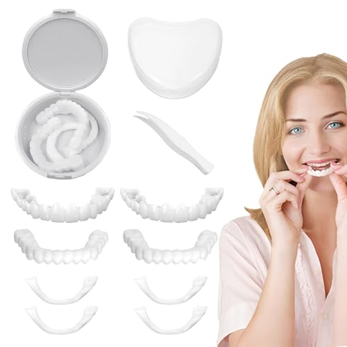 Juego de 2 pares (4 piezas) de carillas cosméticas temporales con estuche, cubiertas blancas para una sonrisa instantánea, accesorio cosmético para dientes superiores e inferiores