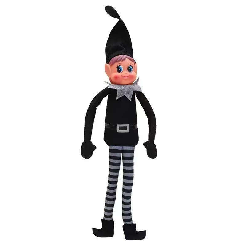 Kutiayta Christmas Plush Elf Doll Decoration Black Hat and Outfit with Black-White Striped Legs Poseable Shelf Elf Figure for Holiday Home Fireplace Mantel & Party Dcor