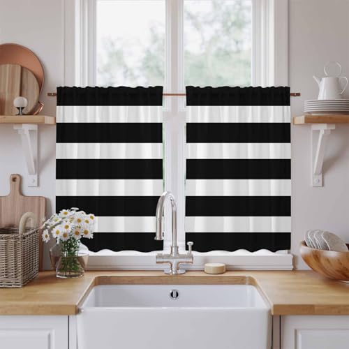 Black Striped Kitchen Curtains 54 Inch Long 2 Panel Set,