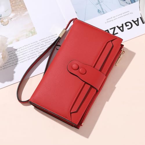 Large Genuine Leather Wallet for Women RFID Blocking Multi Card Organizer Wristlet Clutch (Red)2