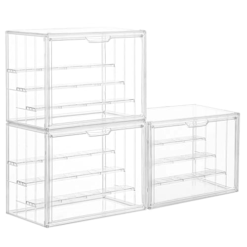 Clear Acrylic Display Case for Figures 4 Layer Figure Display Shelf with 3 Movable Plate Stackable Display Box with Magnetic Door for Collectibles 3 Pack