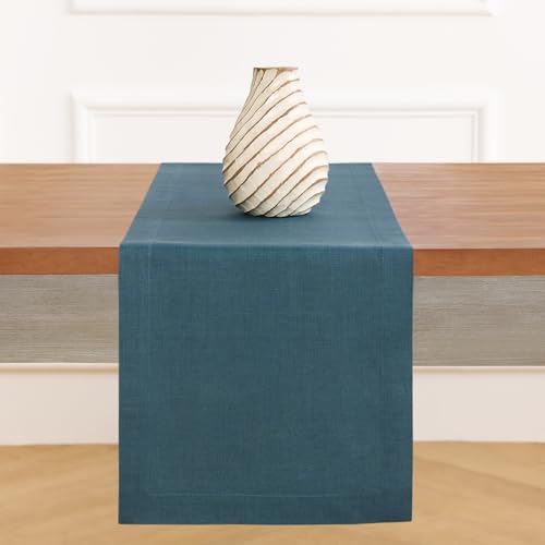 Solino Home Peacock Blue Table Runner 36 Inches - 100% Pure Linen Short Table Runner 14 x 36 Inch Ideal for Dresser and Coffee Tables - Fete Solino Home Peacock Blue Table Runner 36 Inches - 100% Pure Linen Short Table Runner 14 x 36 Inch Ideal for Dresser and Coffee Tables - Fete