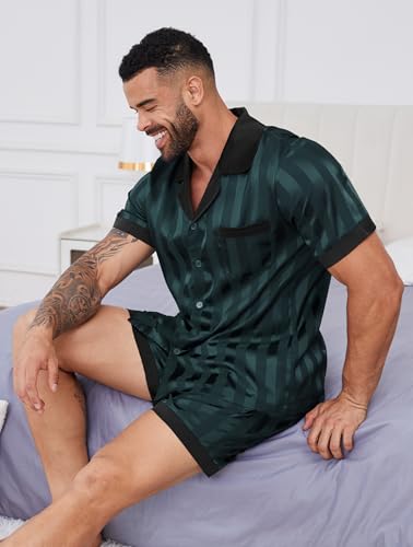 Image of DEARCASE Men's Satin Silk Pajamas Set Classic Button Down Sleepwear 2 Piece | Soft and comfortable silk fabric, lightweight, spliced color sexy lounge wear, short sleeve sleepwear shorts with Pockets