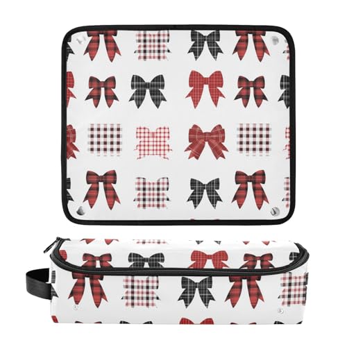 Bolsa organizadora de viaje para herramientas de cabello blanca con diseño Bow Plaid, resistente al calor, gran capacidad para planchas y rizadores miniatura 3