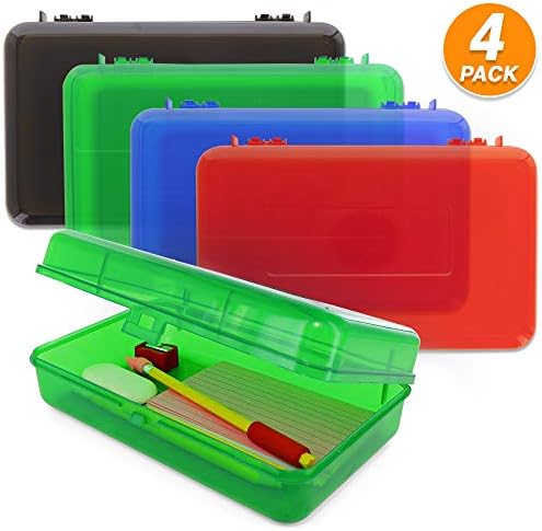 Emraw Multipurpose Utility Box Large Assorted Colors Durable Plastic Polypropylene Pencil Box with Lid Snap Closure Translucent View Storage Box for Pencils and Pens Pack of 4
