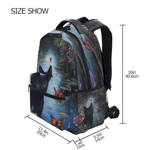 Black Cat Kitten Butterfly Flower Backpack for School Boys Girls Adults Kids Bookbag Laptop Bag 18L4