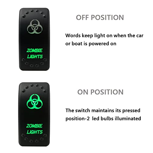 Image of Green Backlit Rocker Switch 5 Pin ON-Off Laser Etched Button Switch with Wires for Car Marine Boat UTV 20A /12V 10A /24V (Zombie Lights)