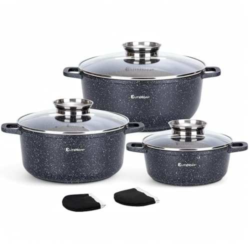 EliteHoff Kochtopf Set Induktion, Topf aus Aluminiumguss mit Antihaftbeschichtung, Topfset mit Glasdeckel für alle Herdarten inkl. Induktion, Gas, Elektro, Halogen, Keramik (Schwarz, 6-teilig)