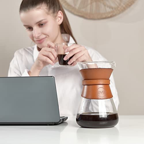 Kavako Glass Pour Over Coffee Maker With Double-Layer Stainless Steel Filter, Coffee Dripper, With Cork Lid, Leather Collar Holder, 37 Oz (7-Cup) (Pour Over Coffee Maker) #TOP4