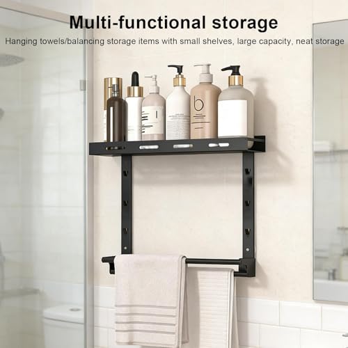 HECHKJ Duschkorb Ohne Bohren mit Handtuchstange, Multifunktionales Dusch Organizer, Dusche Shampoo Halterung Höhenverstellbar, Schwarz, für Badezimmer, Küche und Balkon