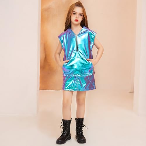 Image of Perfashion Girls Vest Metallic Half Zip Hoodie Sleeveless Leather Disco Jackets with Kangaroo Pocket 4-13Y