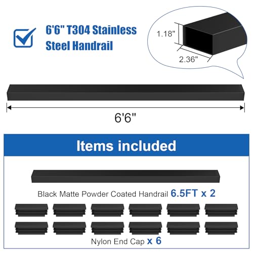 CKE 2 Pack 6\'6\"Stainless Steel Handrail, Cable Railing Handrail for Indoor Outdoor Deck Stair, Flat Top Rail Cable Railing System, Black Rectangular Hand Rails Deck Railing Kits with End Caps, HT01