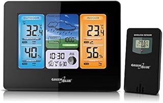 GreenBlue GB526 Bezprzewodowa Radiowa Stacja Pogodowa LCD z Czujnikiem Zewnętrznym, Stacja Pogody Posiada Trendy Pogodowe, Wyświetlanie Faz Księżyca, DCF, Aktualizację Kalendarza oraz Alarm