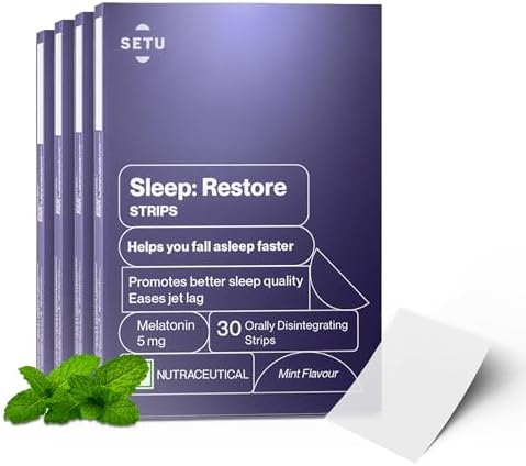 Setu Sleep Restore Melatonin 5mg - 30 Orally Dissolving Strips (Pack of 4) | Plant Based 5 mg Melatonin | Promotes Relaxation & Sleep, Eases Jet Lag Strain, Non-Habit Forming | Tasty Mint Flavor