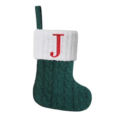 Pxniy Green Knitted Mini Christmas Stockings 8 inch, Embroidered Initials