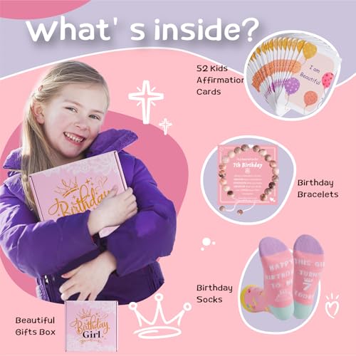 7 Year Old Girl Birthday Gifts, Affirmation Cards for Kids and Teen Girls,7th Birthday Gift Basket Ideas Present for Daughter Granddaughter Niece Little Sister Adjustable Stone Pearl Bracelet Socks2
