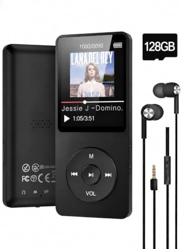 Image of BIGASUO 128GB Mini MP3 Music Player with Bluetooth 5.4 & Voice Control Earphones, Video Playback,Pocket-Sized MP3 Player for Music,Voice Recording,FM Radio (1395) (Black, B18)