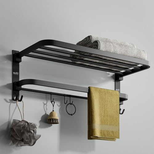 Image of Gloxy Premium Foldable Towel Holder in Bathroom with Towel Rod & Hooks - Stainless Steel Black Matte Finish Bathroom Towel Hanger for Wall Mount Installation - Towel Rack in Bathroom Accessories Set