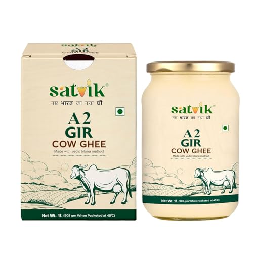 Image of SATVIK PURE GHEE A2 Gir Cow Ghee 1 Litre Churned From Vedic Bilona Method Bilona Ghee A2 Cow Desi Ghee (Pack of 5)