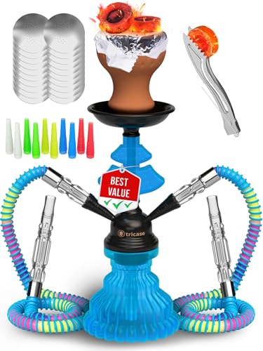 Shisha Set 2 Hose Royal Blue – LilOne 12” 30cm Blue Mini Hookah 2 Hose with 50x Foil Hookah Bowl 10x Tips 2x Mouthpiece 2x Hose with Tongs Portable Shisha To Go