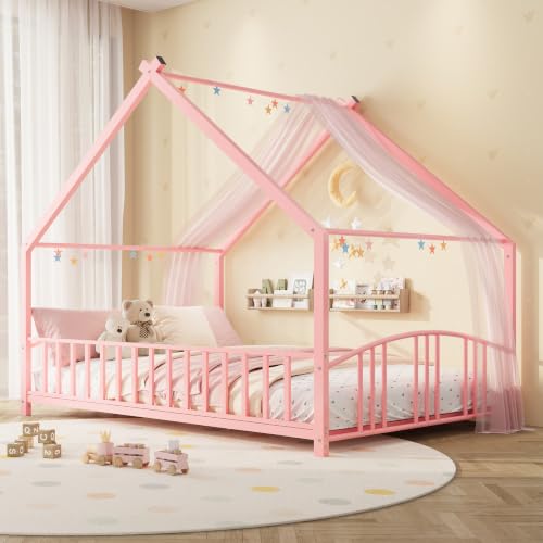 Image of Garvee Full Size Montessori Metal House Floor Bed Frame with Rail, Pink