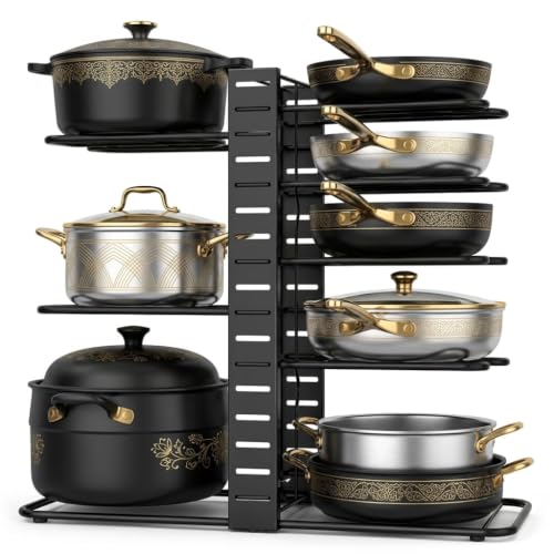 Image of 8-Tier Pots and Pans Organiser Rack for Cabinet, Adjustable Black8-Tier Pots and Pans Organizer Rack for Cabinet, Heavy Duty Adjustable Cookware Storage Holder for Pots, Pans