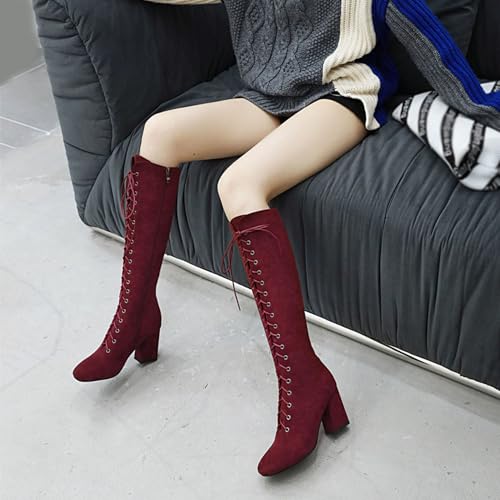 KOKOMOMO Womens Square Toe Chunky Heels Knee High Boots Lace Up High Heeled Combat Boots with Zip4