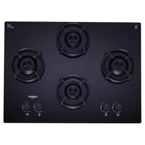 Image of Whirlpool 70cm 4 Burner Auto Ignition Hob | EVOLVE HYBRID HD 704 BRASS EC | SABAF Brass Burners | 8mm Toughened Black Glass | 10-Year Glass & 5-Year Burner & Valve Warranty