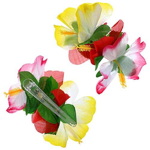 7 Pcs Luau Outfits Hawaiian Aloha Flower Leaf Grass Hula Skirt Leis Set Hairclip Sunglasses Garland For Tropical Party (Warm Orange Mix) #TOP3