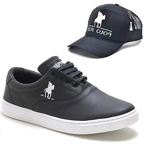 Kit Tênis Casual Polo Plus Sapatênis Masculino Almofadado + Boné Cor:Preto,Tamanho:37
