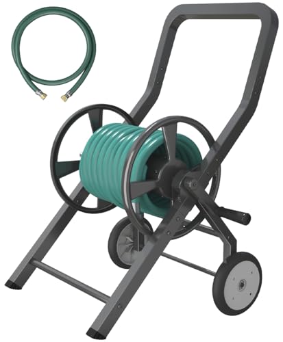 Artigarden wheeled hose reel cart — black powder-coated steel with two wheels and ergonomic handle