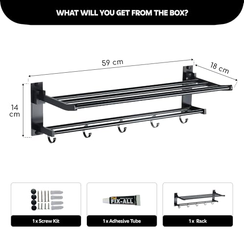Image of MIORAH 24 Inch Foldable Aluminum Towel Rack for Bathroom - Wall Mounted Double - Tier Towel Holder with Rod & Hooks | Rustproof Black