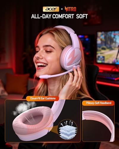 Image of acer Wireless Gaming Headset, PS5 Headset with 2.4GHz for Ps5, Ps4, PC, Switch, Bluetooth 5.3 + 100Hrs Gaming Headphones with Noise Canceling Mic for Laptop, Mobile, Mac, 50mm Drivers (Pink)