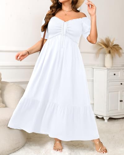 Image of Plus Size Sun Dresses Women - Summer Off the Shoulder Puff Sleeve A Line Boho Maxi Flow Long Dress 2025