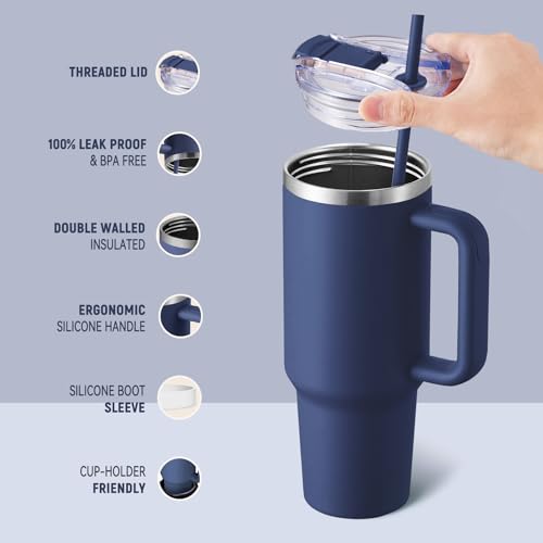 Image of COKTIK 40 oz Tumbler With Handle and Straw Lid, Vacuum Insulated Travel Coffee Mug Stainless Steel Insulated Cup for Beverages, Leak-proof, Cupholder Friendly(Navy)