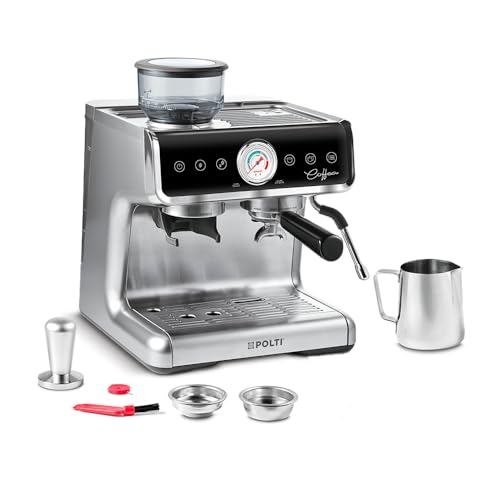 Polti Coffea G50S, Macchina da Caffè con Macina Grani Integrato, per Espresso e Cappuccino, 30 Livelli di Macinatura, Steamymilk Professionale per Montare il Latte, Argento