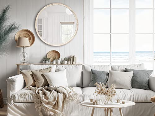 Rustic Farmhouse Circle Wall Mirror - 30 Inch Round Wooden And Beaded Framed Large Mirror For Entryways, Washrooms, Bathrooms, Living Dining Rooms - Antique Modern Circular Wall Decor - Whitewash #TOP3