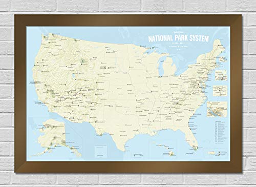 National Park System Units 24x36 Poster (Beige & Light Blue | Bronze Frame)