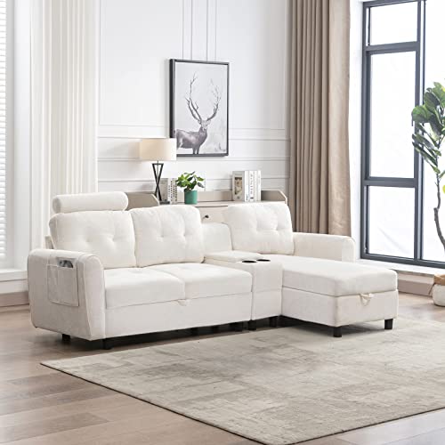 Gnixuu Sectional Sofa With Storage, Cozy 3-Seater Sofa L Shaped Couch With Cup Holders, Sectional Couches For Living Room Bedroom Apartment Office(89" White) #TOP27