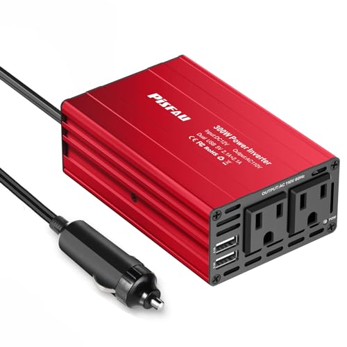 300W Power Inverter 12V DC to 110V AC Car Plug Adapter Outlet Converter with 4.2A Dual USB AC car Charger for Laptop Computer,Road Trip Essentials Camping Accessories (Red)