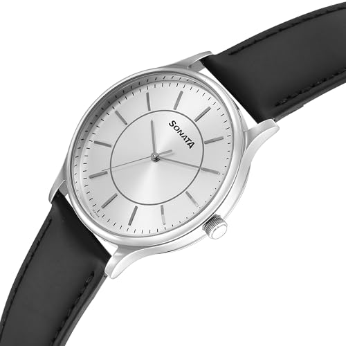 Image of Sonata Aspire Quartz Analog Silver Dial Leather Strap Watch for Men