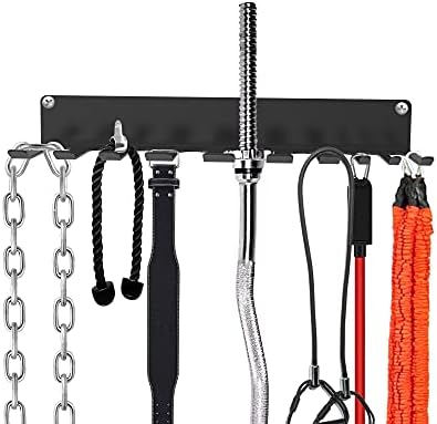 OUUO Home Gym Storage Accessories Equipment Rack for Resistance Bands,Fitness Straps, Jump Ropes,Chains, Curl Bars and Lifting Belts with 10 Prong Hooks (BlackNew)