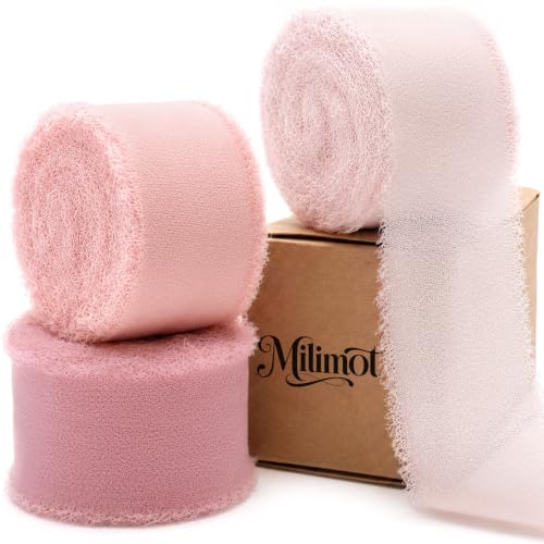 Milimot 3 Rolls Pink Ribbon,Frayed Chiffon...