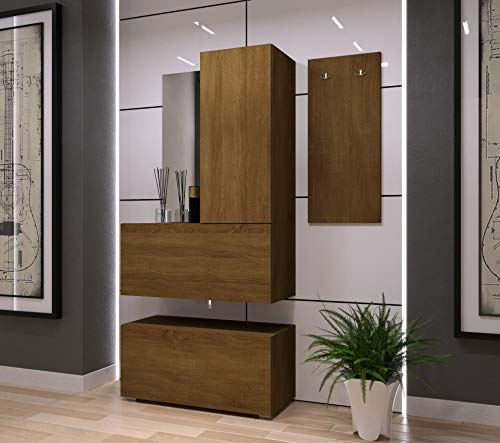 Furnitech F14 Flur Dielenmöbel Garderobenschrank Dielenschrank Schuhschrank Flurmöbel Set Spiegel (F14-20D-M4)