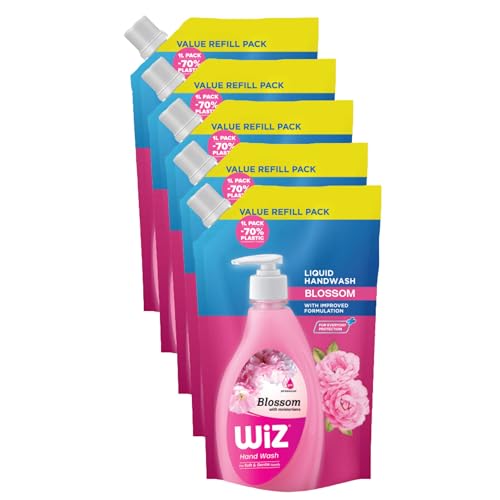 Image of Wiz Blossom Hand Wash Refill Pouch - 1L (Pack of 5) | Floral Fragrance for Lasting Freshness| Germ Protection | pH Balanced | 70% Less Plastic | Gentle Everyday Hand Care